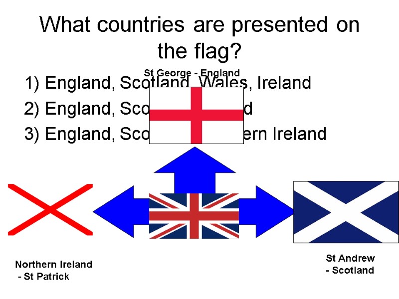 What countries are presented on the flag? 1) England, Scotland, Wales, Ireland  2)